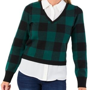 Rio&Rian Plaid V-Neck Sweater in Green and Black